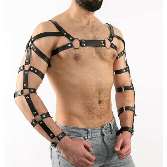 Black Leather Top Shoulder Arm Harness Band Belt Motorcycle Biker Gladiator NWT - Picture 1 of 6